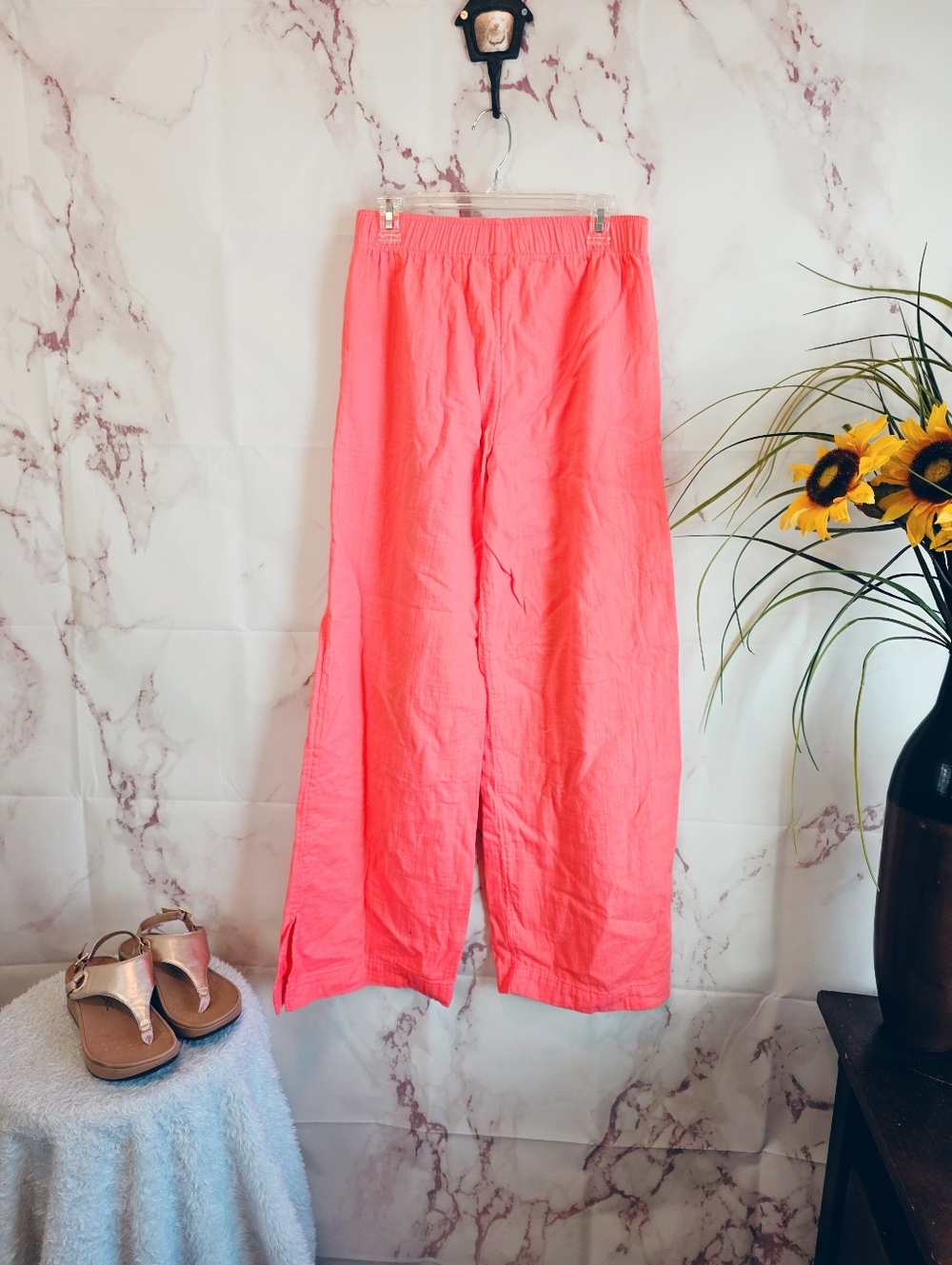 Old Navy Wide Leg Pants Tall Coral Linen Blend Elastic Waist Side Slit S - Picture 4 of 6